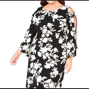 MSK Women Black & White Floral Bow Sleeve Dress Size 16 W